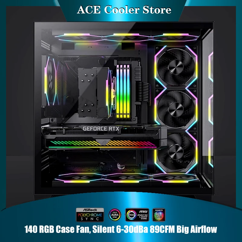 140 RGB Case Fan, Silent 6-30dBa 89CFM Big Airflow,  14CM PC Cabinet Cooler Support Mobo 5V ARGB SYNC