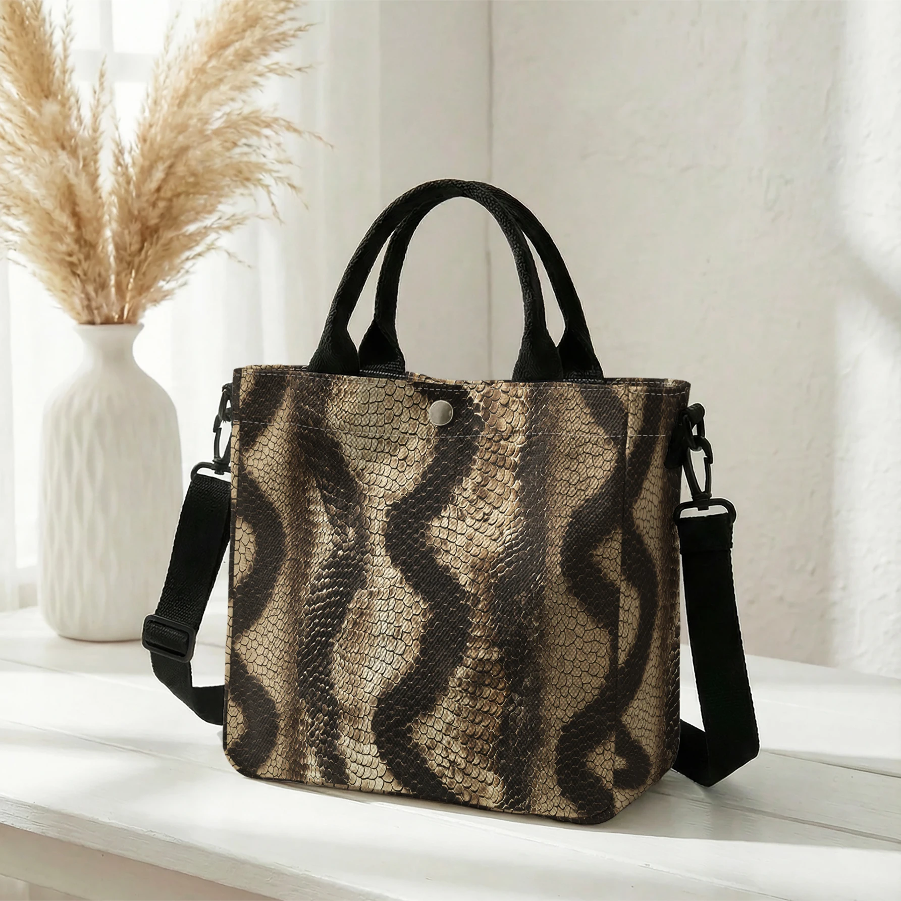 Snake Skin Pattern Print Tote Bag, Detachable Strap Crossbody Handbag For Daily Work Shopping
