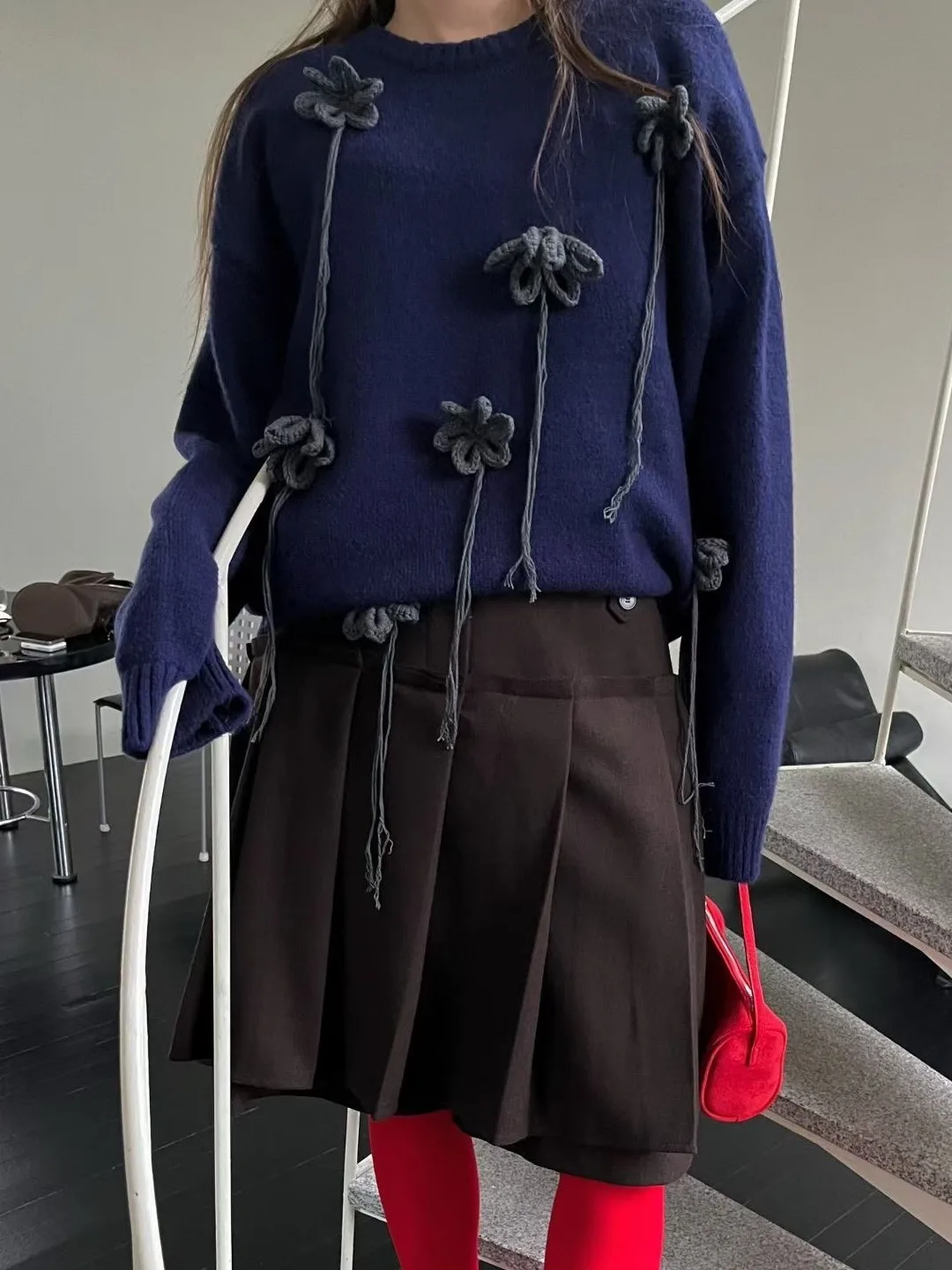 

Теплый вязаный свитер ручной работы с цветочным принтом, женский модный топ на голову, антивозрастной топ, повседневная зимняя одежда обычной длины