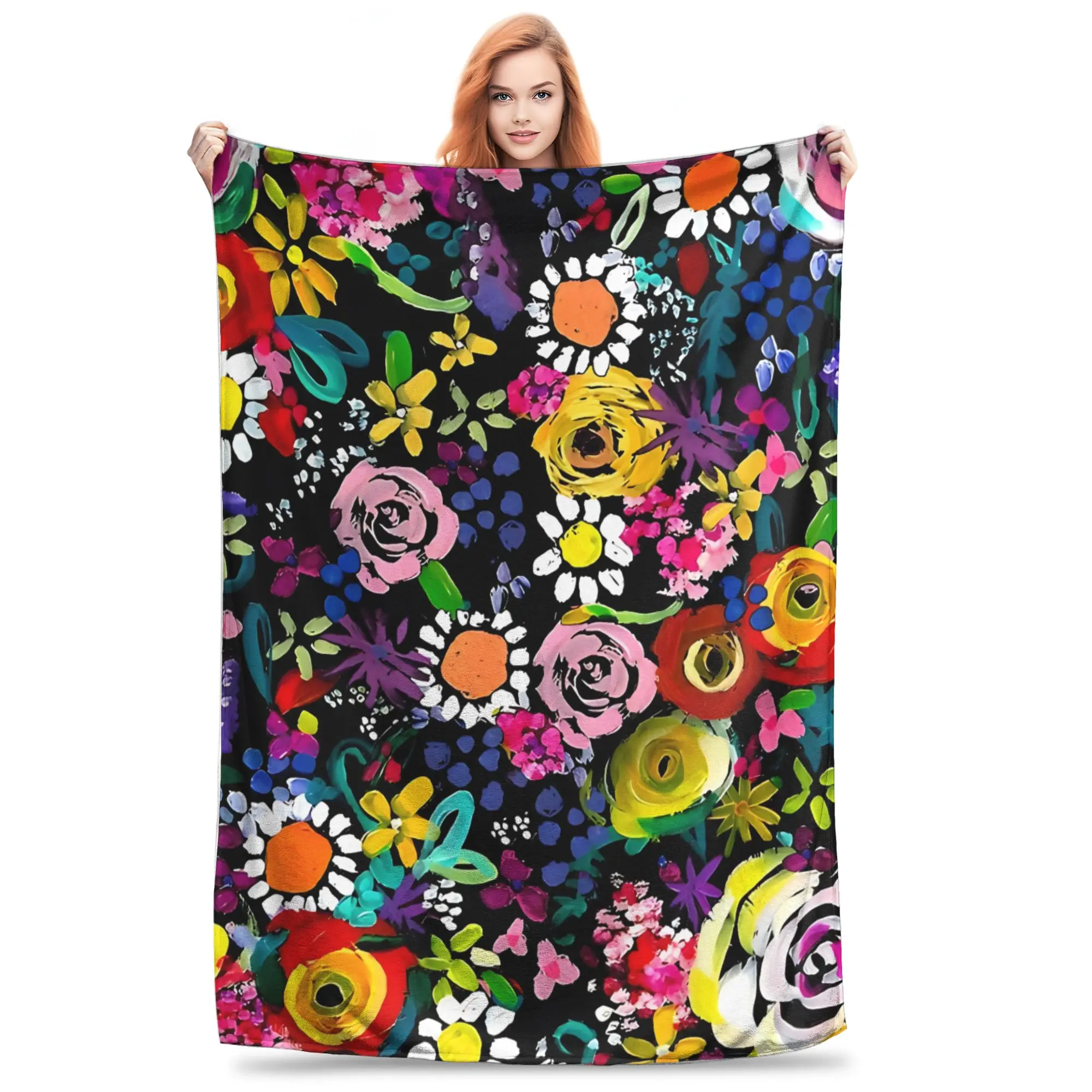 1PC Les Fleurs Vibrant Floral Painting Blanket Throw Blanket Novelty Warm Blanket All Season Gift