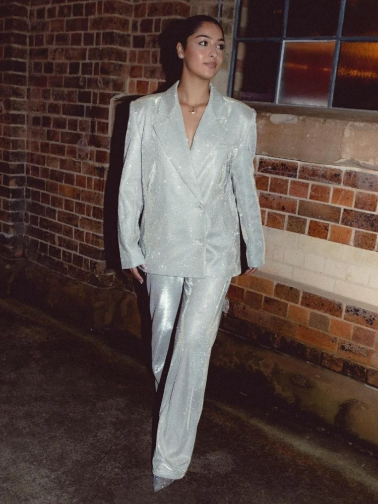 Tsiisd Fashion Glitter Suit Three Piece Pants Set Women Patchwork High Waist Outfits Casual Sparkly Blazer Women's Pants Sets