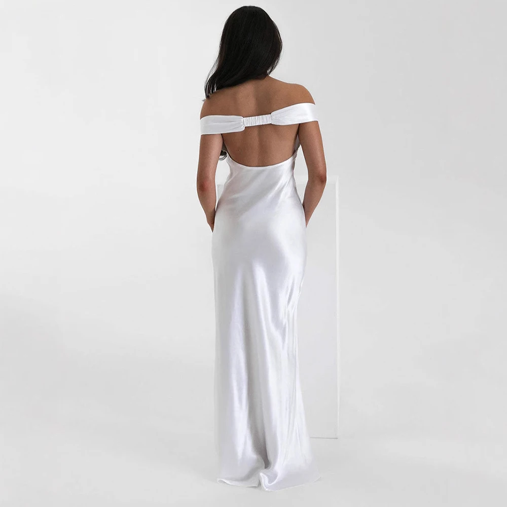 Vestido largo sexy de satén con hombros descubiertos para mujer, vestido liso sin mangas para fiesta de graduación, traje formal delgado, vestidos de novia de noche lujosos
