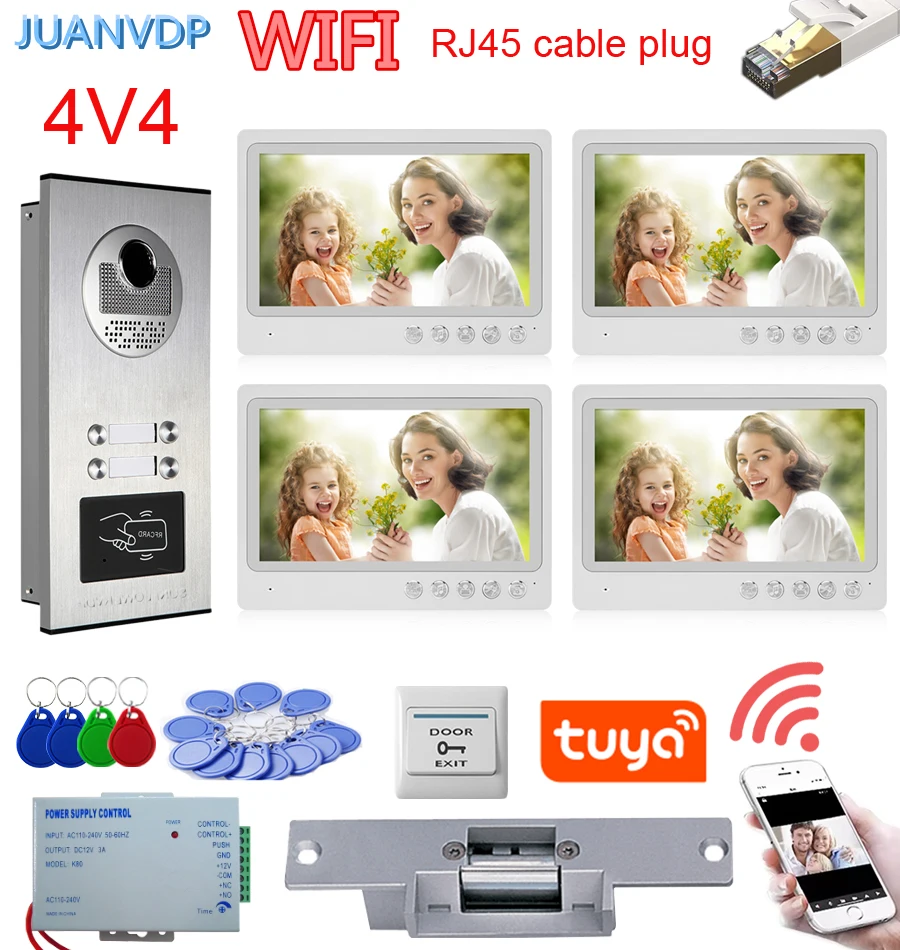 Interphone vidéo Wi-Fi, sonnette de déverrouillage RFID, prise de câble RJ45, interphone vidéo, sécurité pour 2 appartements, 3 appartements, 4/6 appartements