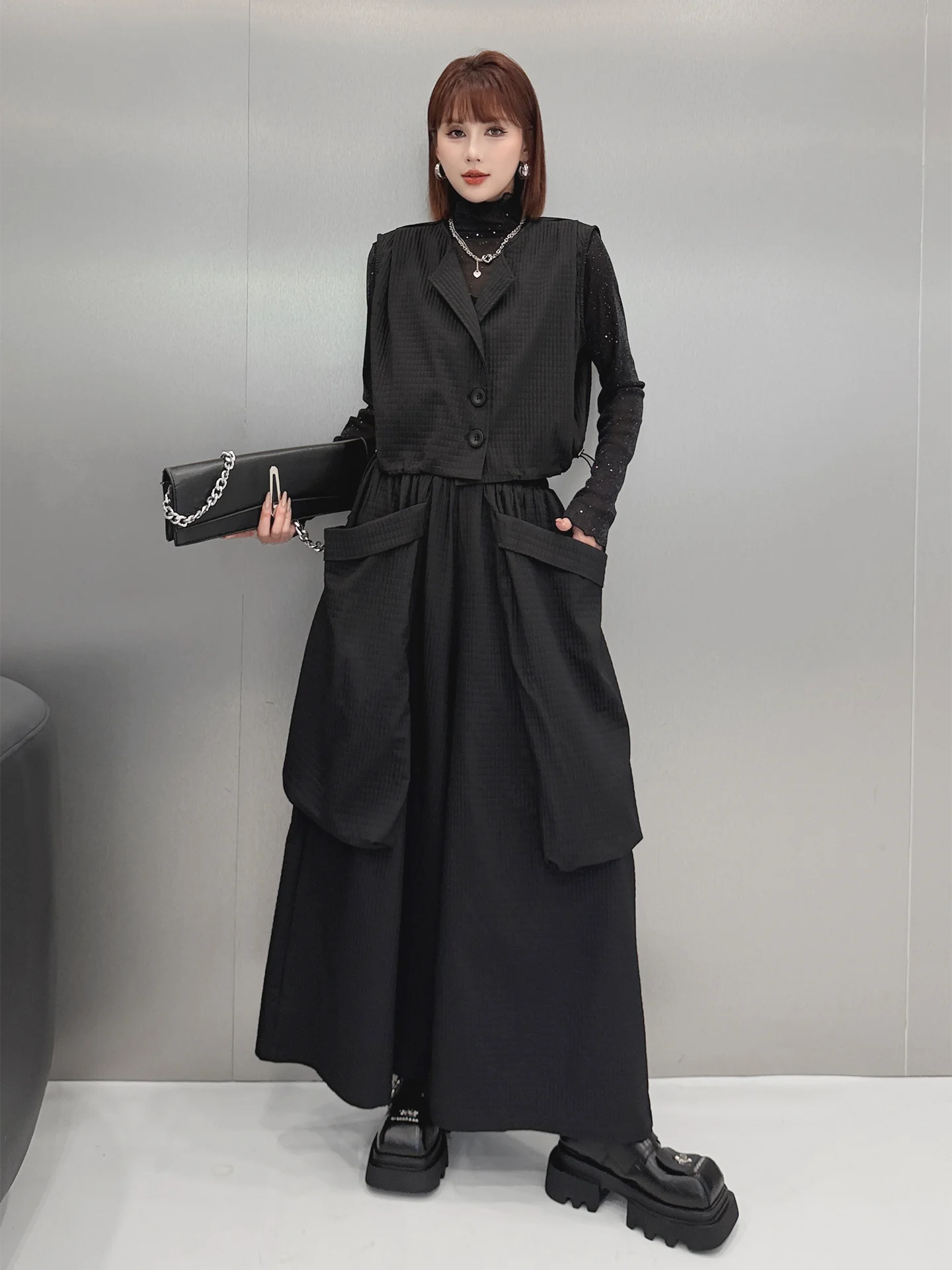 Dark Style Fashion Set Slimming Black Vest Elastic Waist Wide Leg Pants with Big Pockets Long Sleeve Zipper Closure Women's Suit