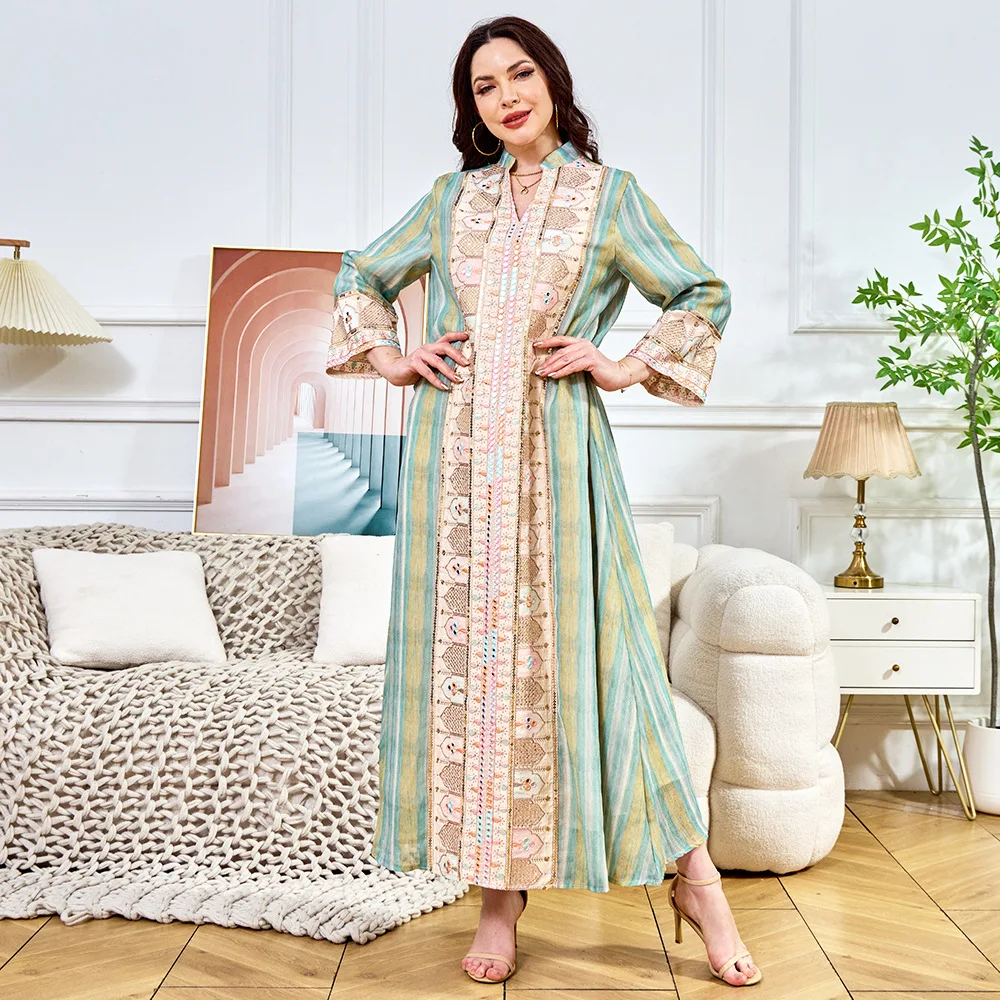 イスラム教徒の女性長袖アバヤドバイトルコスパンコール刺繍パーティーイブニングドレスイスラムファッションファムウェディングローブストライプドレス