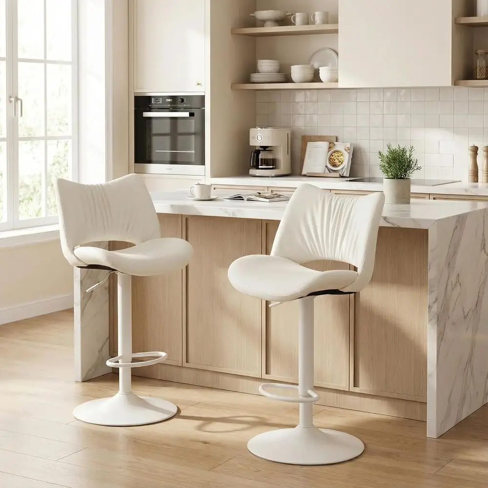 

White PU Leather Swivel Bar Stools Set of 2, Adjustable Counter Height with Hollow Back, Ergonomic Design for Kitchen or Bar