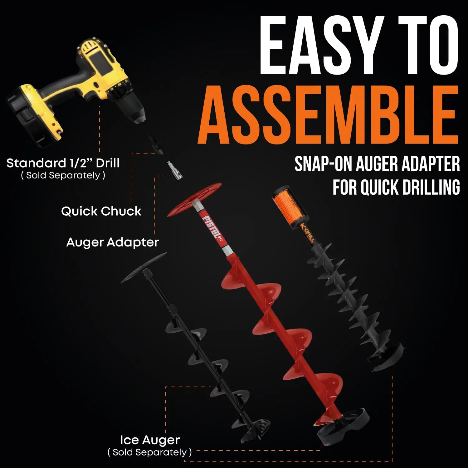 EZ Ice Auger Drill Adapter - Quick Connect for Electric Drill - Ice Fishing Auger Bit Attachments