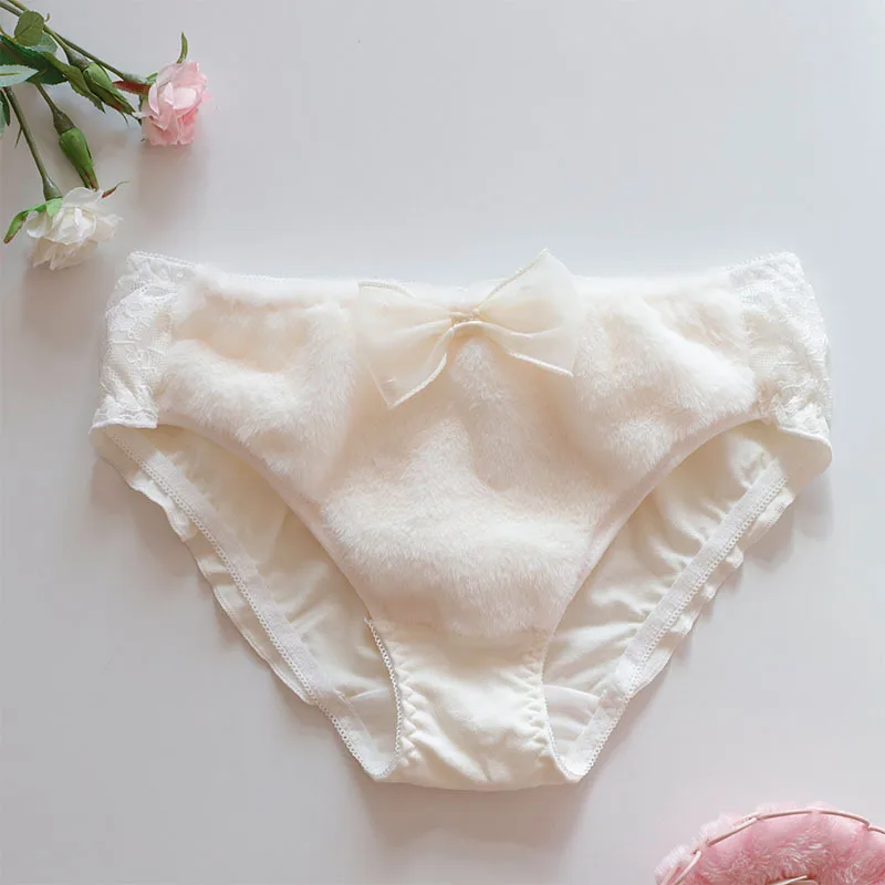 Damska zimowa bawełniana ciepła bielizna, puszyste, urocze, słodkie majtki w stylu księżniczki z kokardką, lolita, seksowne, koronkowe, ażurowe, na ramiączkach.
