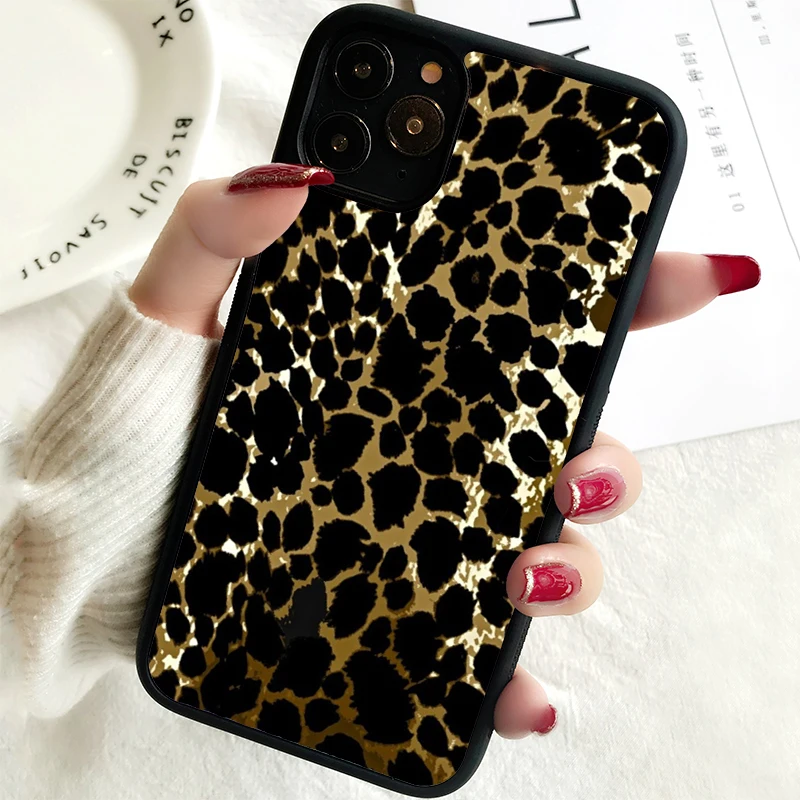 5 SE 2020 Phone Cover Case for iPhone 6 6S 7 8 PLUS X XS XR 11 12 13 MINI 14 PRO MAX Rubber Animal Print Cheetah Black and Brown