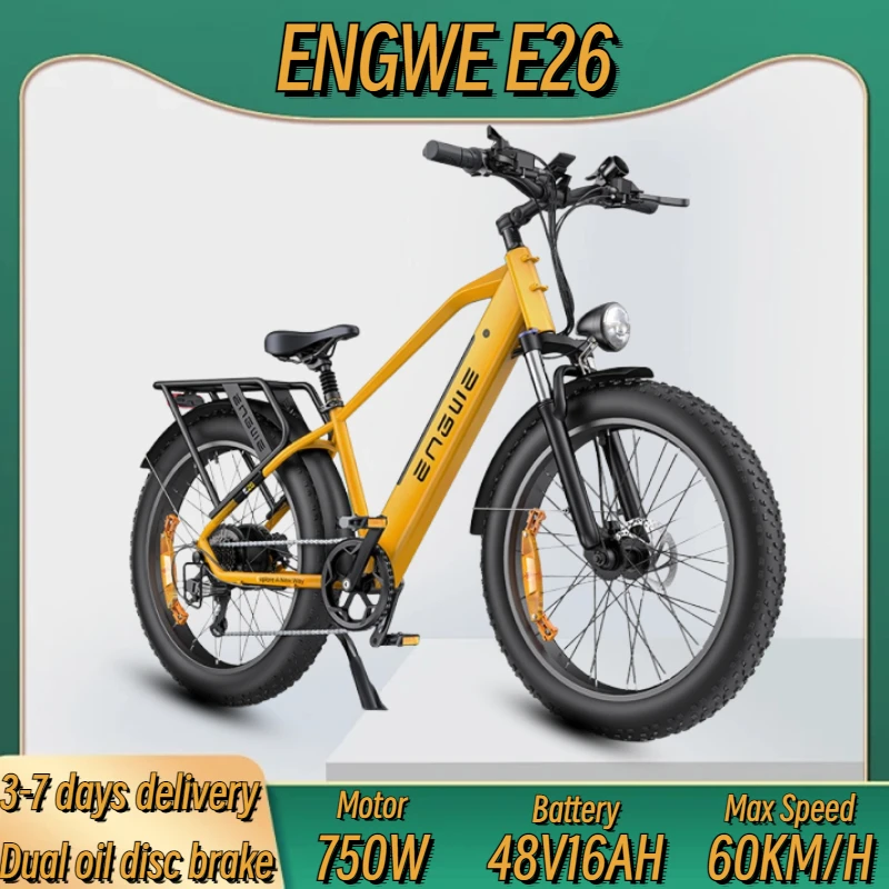 ENGWE E26 Electric Bicycle 750W Motor 48V 16AH 26*4.0 Fat Tire Off-Road Mountain E-Bike Double Disc Oil Brake Snow Electric Bike