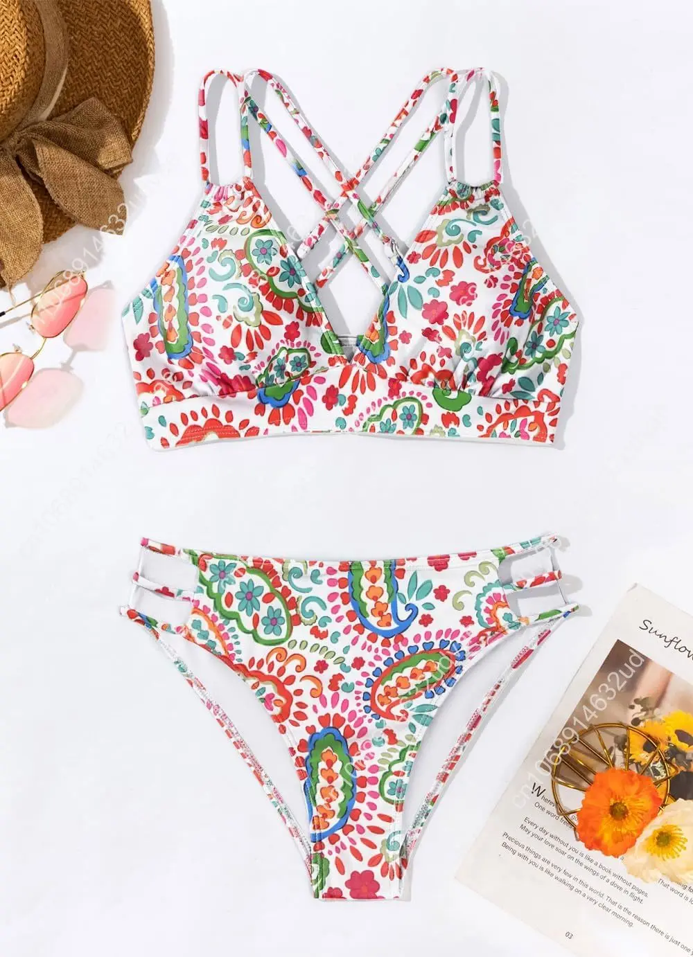 Tainehs Women's Push Up V Neck Bikini Sets Criss Cross Back Two Piece Bathing Suit