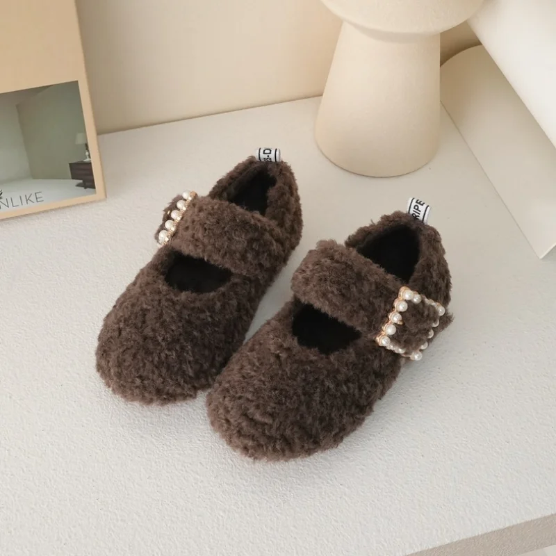 Girls Princess Shoes 2022 Winter Fashion Mary Jane Dress Dance Baby Kids Flats Ballet Brand Warm Fur Pearls Cute Soft Sole