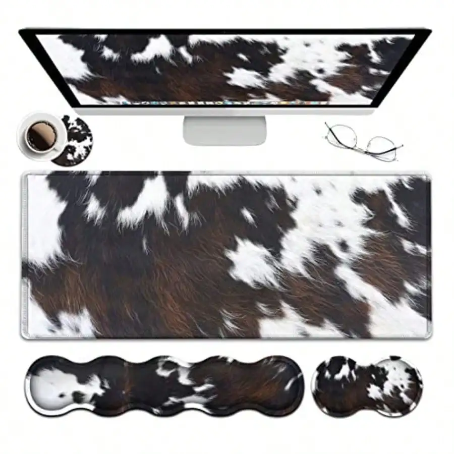 

Gaming Mouse Pad XXL Large Desk Cute Black Cowhide Extended Mousepad Ergonomic Memory Foam Keyboard Wrist Rest Stitched Edges