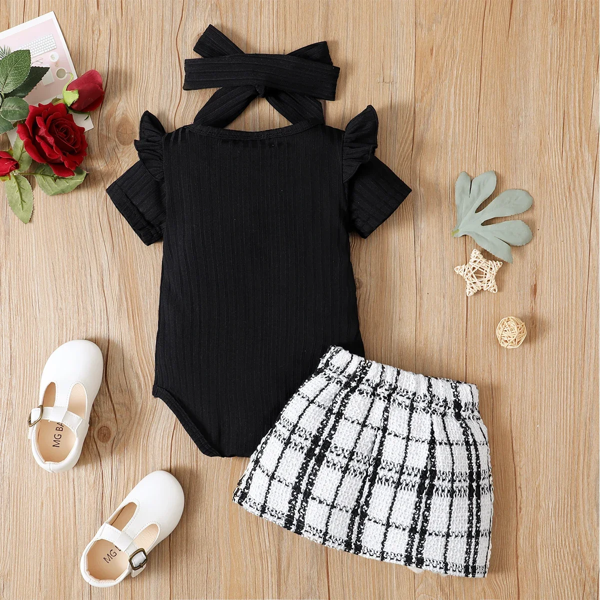 PatPat 3pcs Baby Girl Black Ribbed Short-sleeve Romper and Tweed Skirt with Headband Set Soft and Comfortable Basic Style