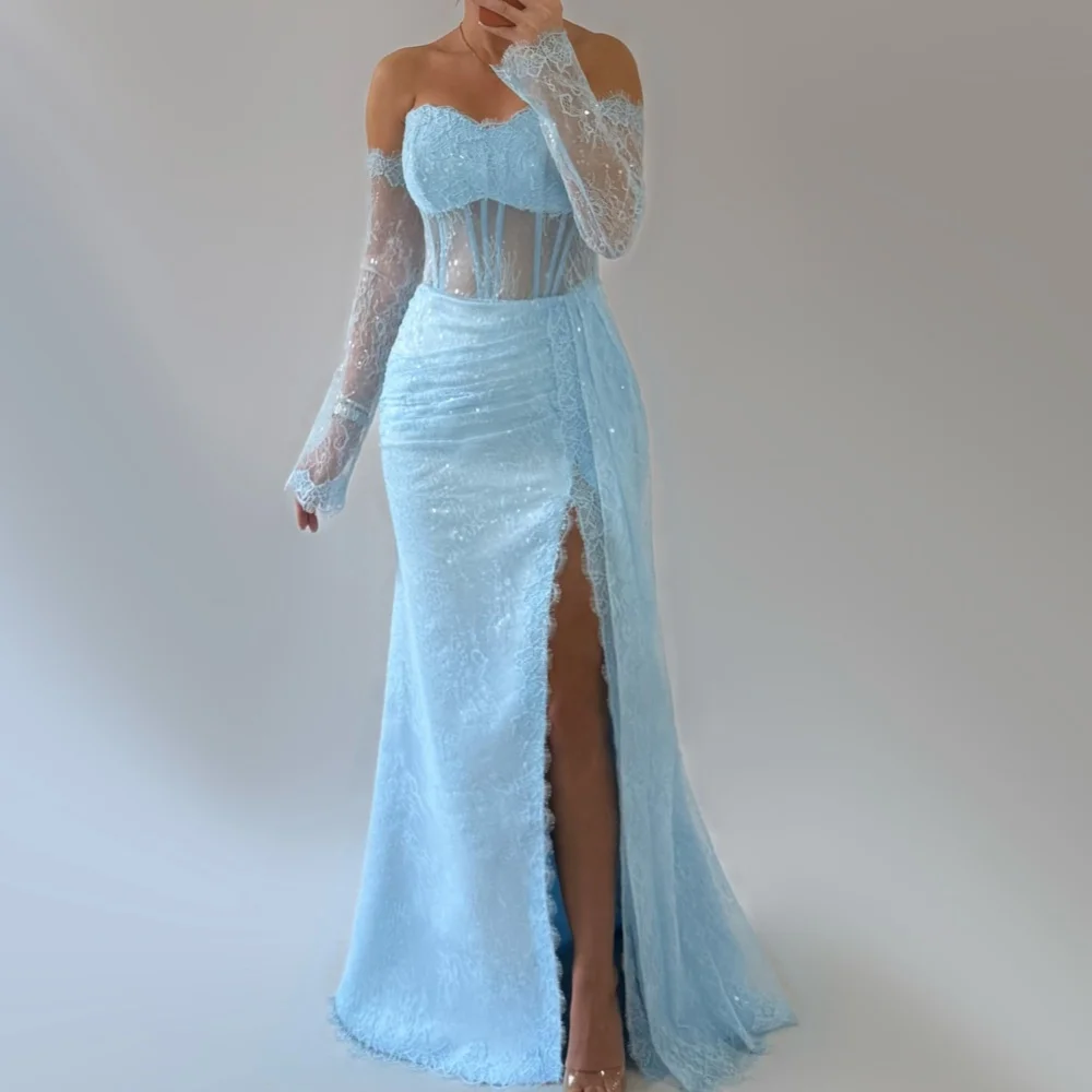 

Customized High Quality Classic Lace Sequined Beading Straight Strapless Long Dresses Bespoke Occasion Dresses Fashion Formal
