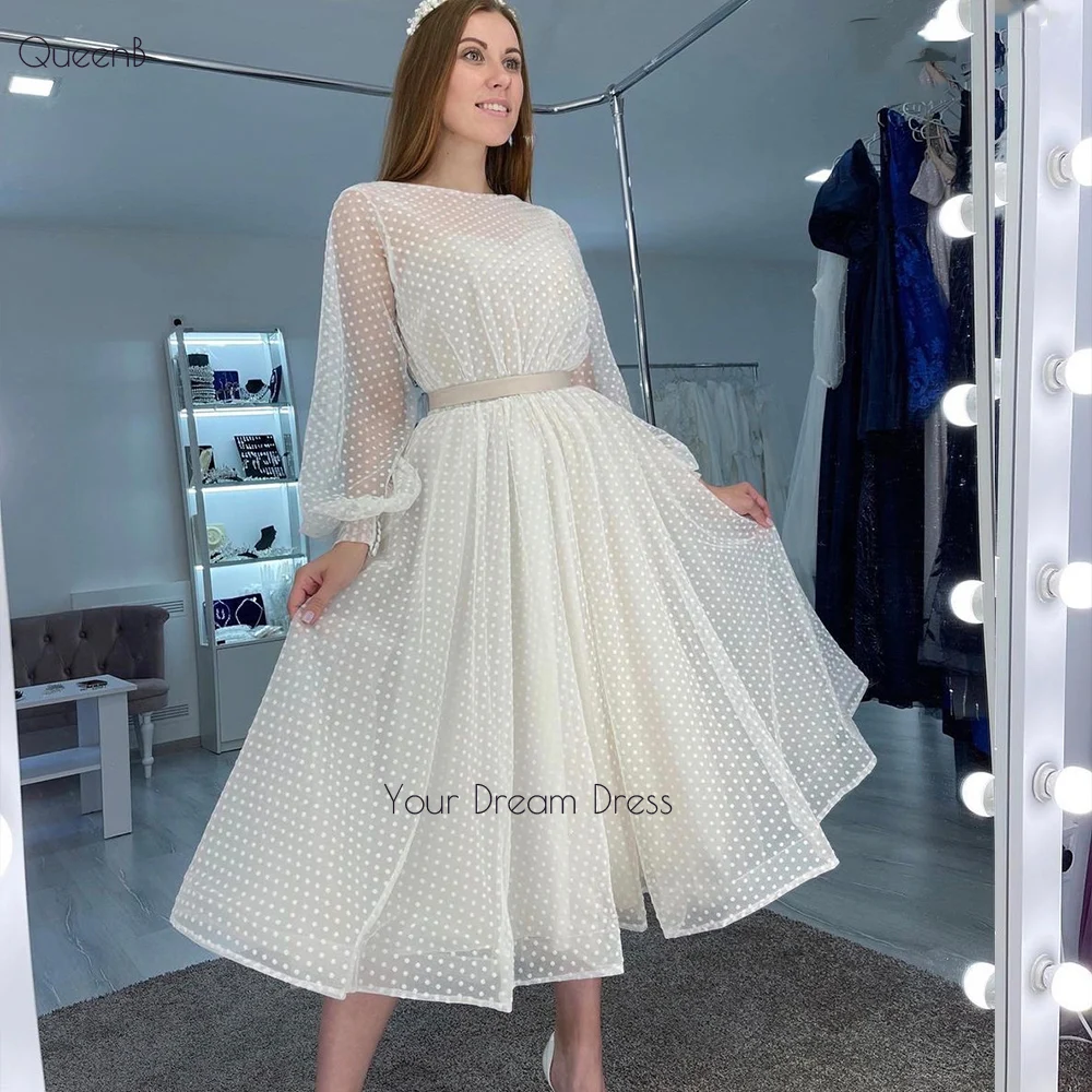 Punkt Hochzeit Kleid Lange Puff Sleeve Mit Gürtel Knie Länge Für Frauen Nach Maß Brautkleider Licht Cham Robe De mariee