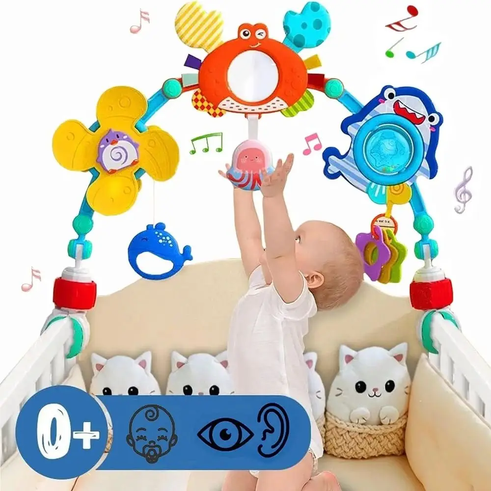 Cloche suspendue pour berceau facile à plier, tournesol, crabe et requin, jouets interactifs pour bébé, arc de poussette à clipser, exercice de préhension pour nourrissons, jeu pour nourrissons