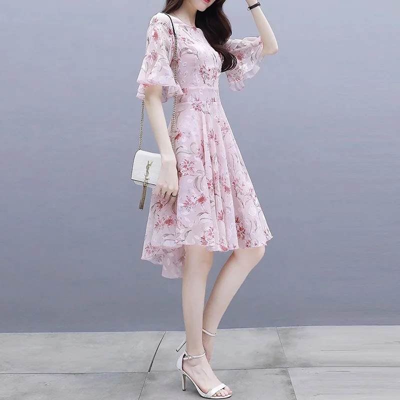 summer floral dresses for women 2024 new in Printed korean style clothes fashion elegant party midi Chiffon dress cheap casual