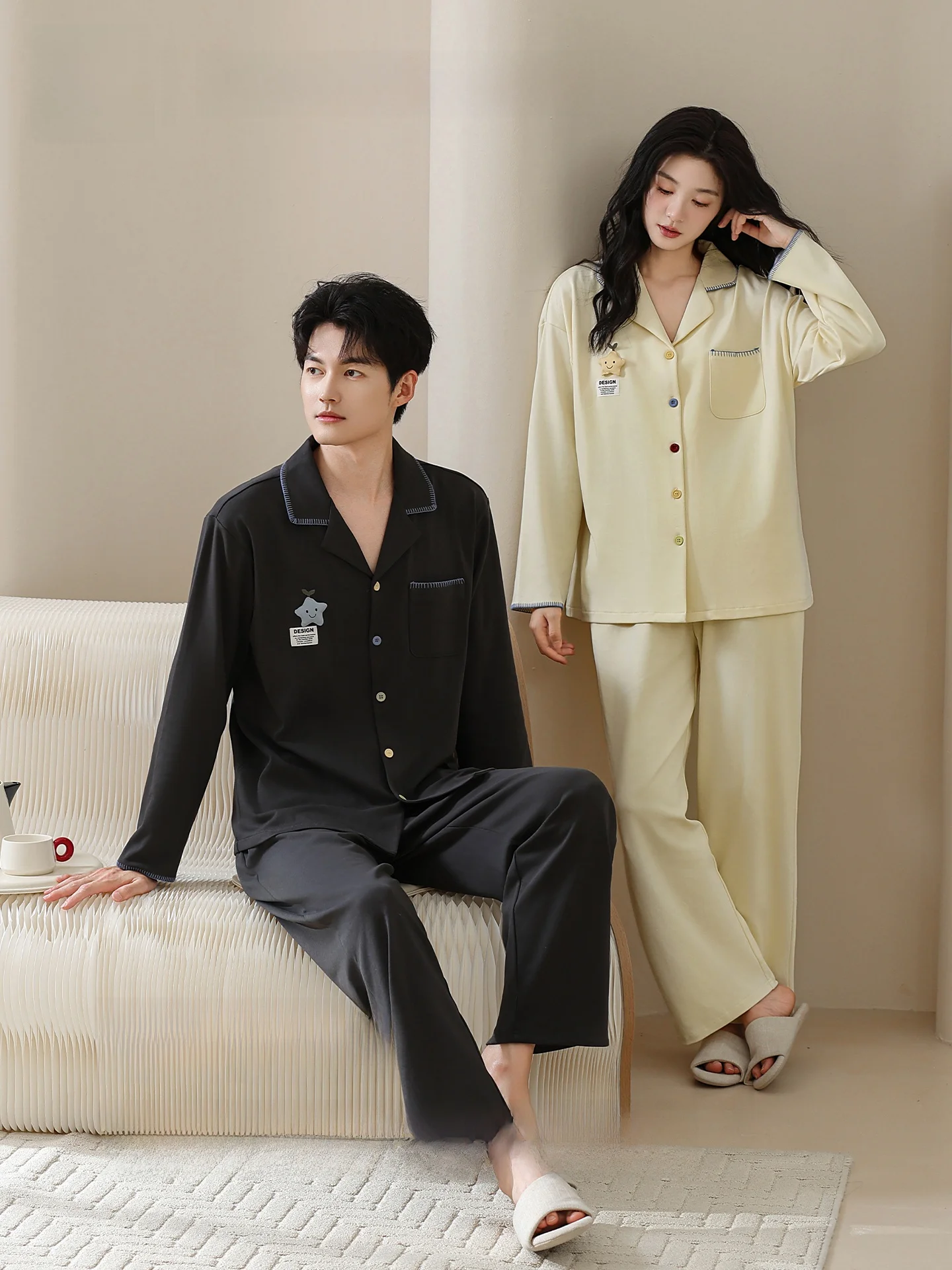 Couple's Sleepwear Long Sleeve Open Cardigan Home Clothes Set Catman Lyocell Cotton Spring Autumn Winter New Style Loose Fit