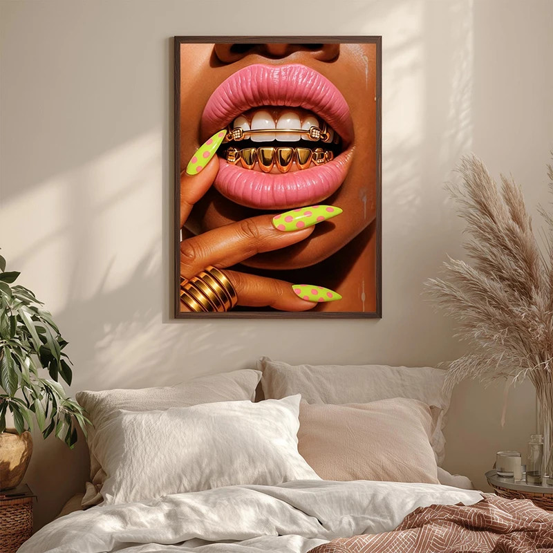 Fashion Lip Makeup and Nail Poster Pink Lips & Gold Accents Canvas Painting Print for Beauty Salons Wall Home Decor Cuadros