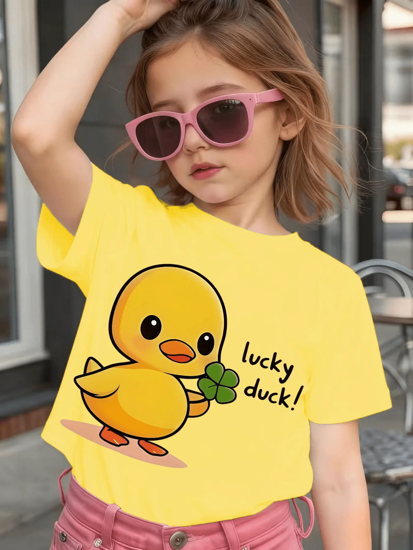 Clover Lucky Duck Cartoon Letter Print Kid T Shirt Boys Girls Family Match Cotton Short Sleeve Summer Children Casual Basic Wear