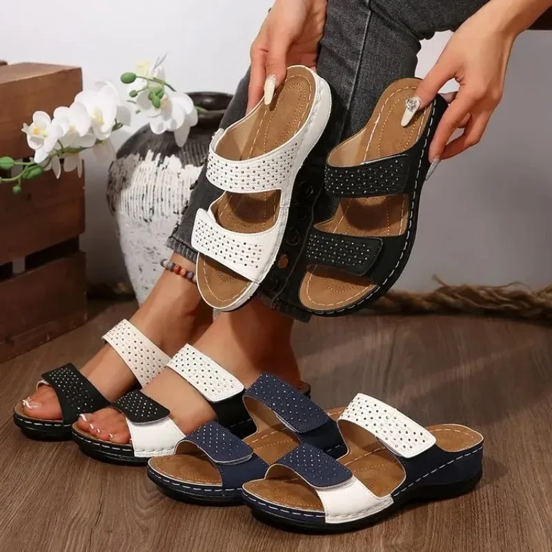 Thick Heel Southeast Asia Sandals Women's Cross-Border Car Stitching Slope Heel Carving Beach Slippers PU Outer Pure Color