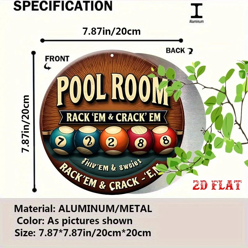 2D Flat 1-piece Spherical Metal Sign, Billiard Room Round Sign, Billiard 7.8X7.8 Round Sign - Fun Country Metal Wall Art, Metal Wall