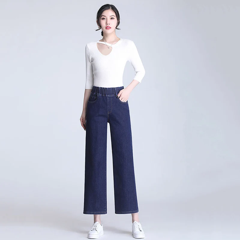 Spring Summer New Thin Denim Baggy Jeans Women Ankle Length Stretch High Waist Wide Legs Casual Nine Points Denim Pants