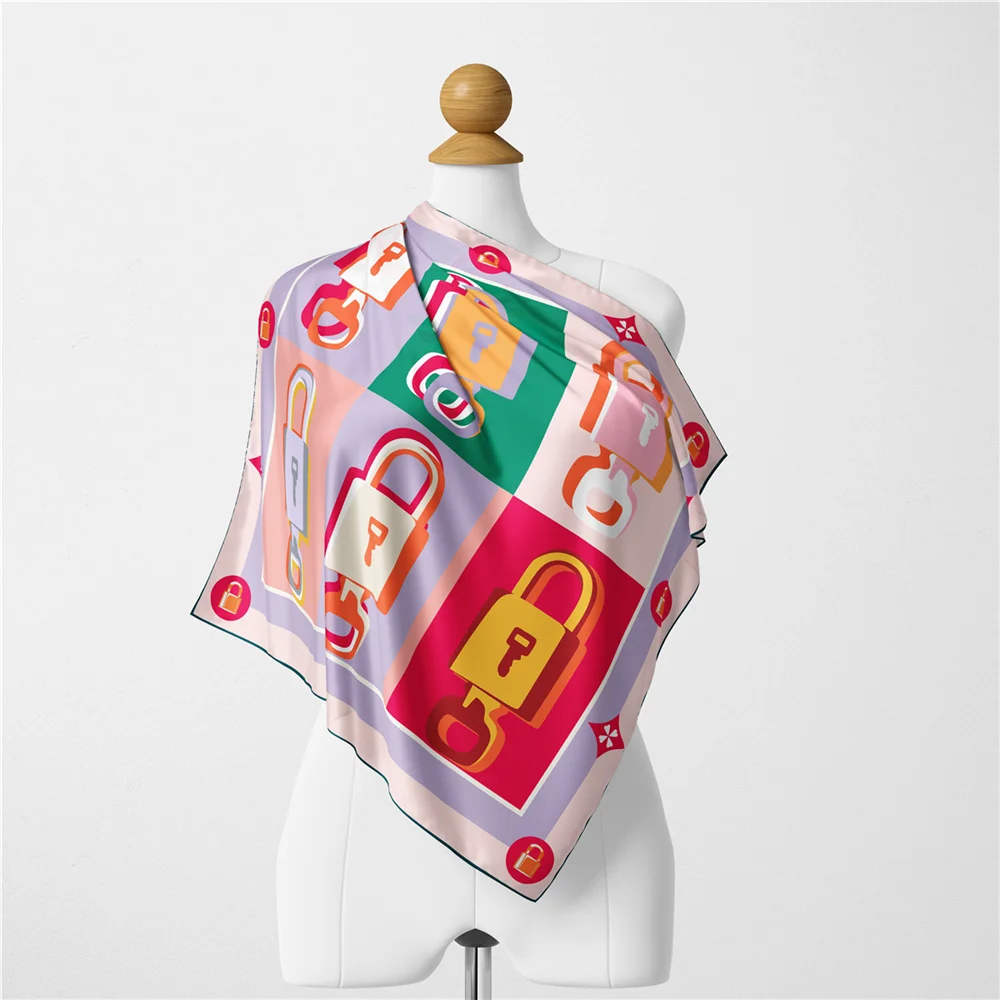 Twill Silk Scarf Woman Lock Painting Square Scarves Wraps Bandana Small Hijabs Silk Foulards Tie Headband Neckerchief 53CM