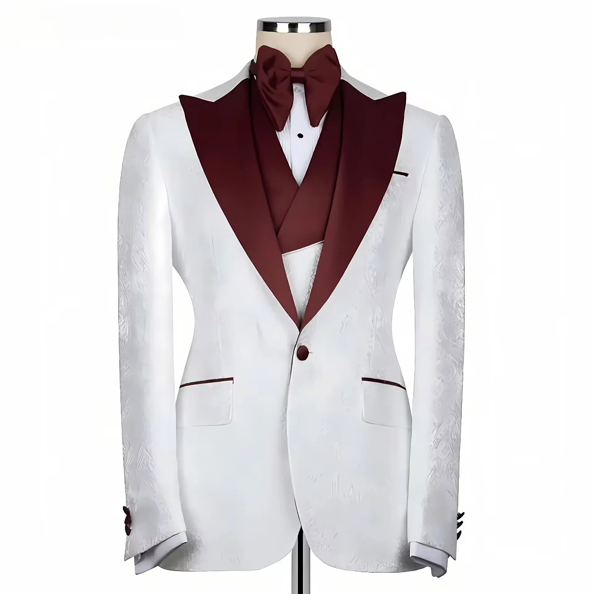 

White Jacquard Formal Men Suits red Collar Three Pieces Evening Party Blazer Groom Wear ( Jacket+Vest+Pants )