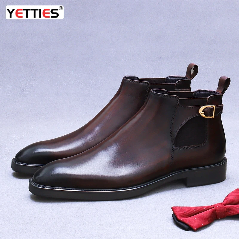 YETTIES Men's New Chelsea Boots, Hand-Burnished Top Grain Leather Slip-On Boots, British Vintage High Top Business Casual
