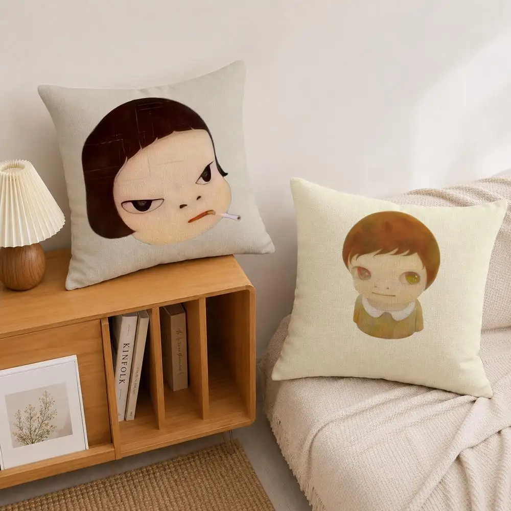 Artist Yoshitomo Nara Cushion Cover Natural Linen Pillowcase Set, All-in-One Decor for Sofa, Bedroom & Chair