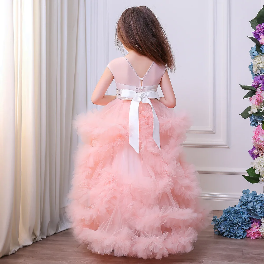 Rosa Blume Mädchen Kleider Für Hochzeiten Ballkleid Cap Sleeves Tüll Rüschen Perlen Lange Mädchen Festzug Kleid Kleine Kinder Baby