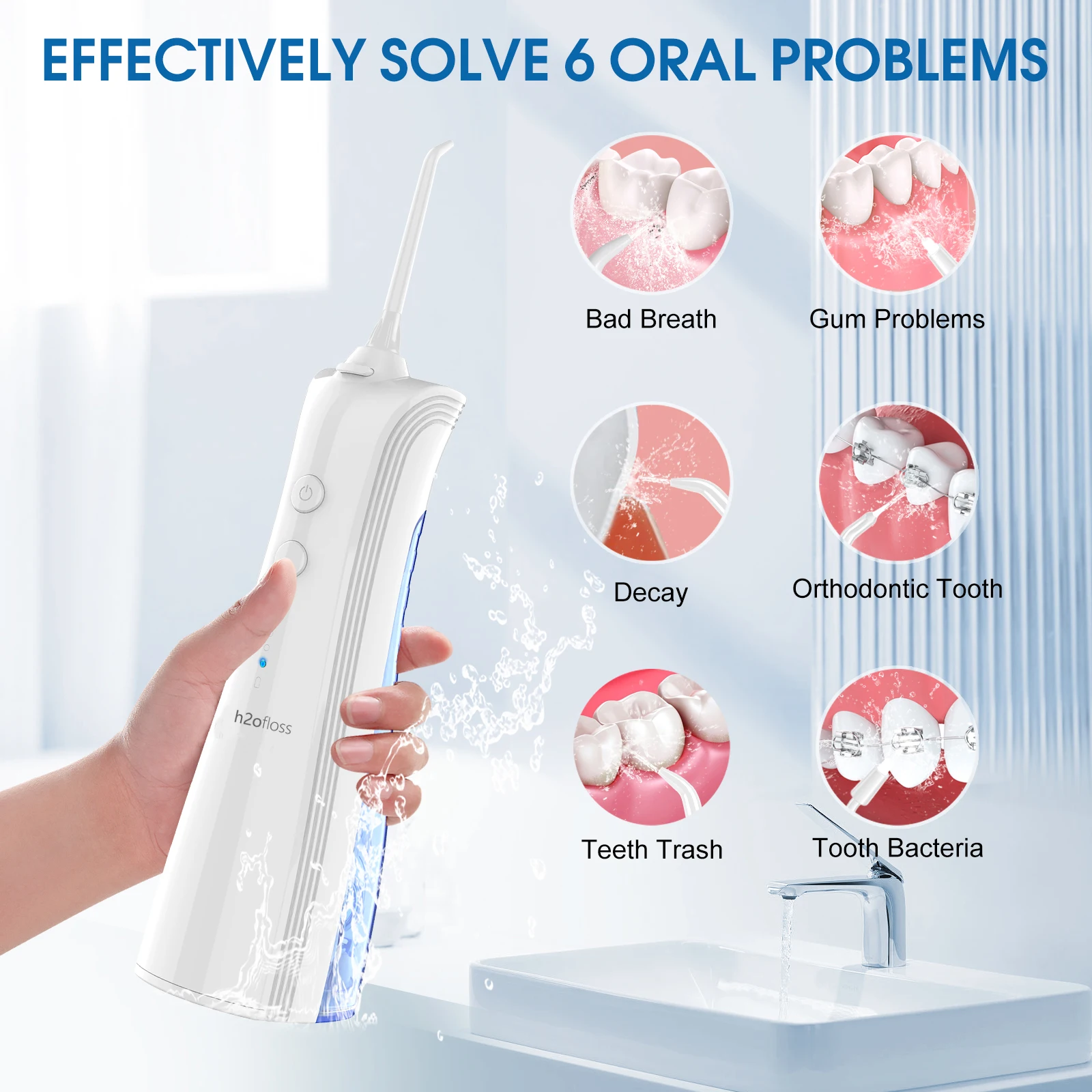 h2ofloss Oral Irrigator Dental Portable Water Flosser Electric Water Pick Jet Teeth Cleaner 5 Modes 6 Nozzles Waterproof