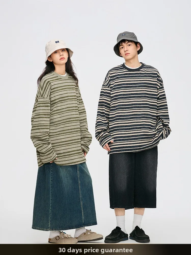 

Новая весенне-летняя мужская толстовка в американском ретро-стиле с полосками, круглым вырезом, свободного кроя, с длинными рукавами, повседневный топ из 100% хлопка