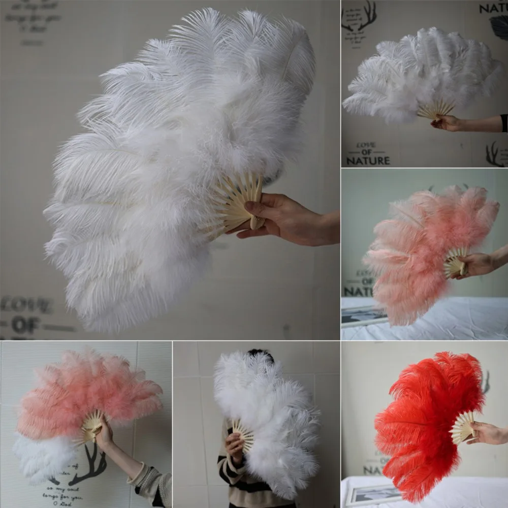 

New Big Red Ostrich Handheld Fur Fan 30*52cm 35*60cm 12 Bones Folding Fan Runway Shooting Props Performance Fur Fan Crafts