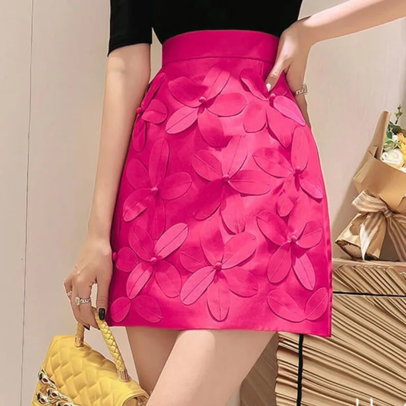 

Three-Dimensional Flowers Patchwork Mini Skirt For Women New Summer High Waist Solid Slim Bag Hip A-Line Skirt s215