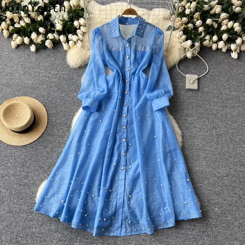 Vintage Robe Femme Heavy Beading Lapel Neck Maxi Dresses Sexy Bandage Slim Waist Bottoming Camisole Dress Women Two Piece Sets