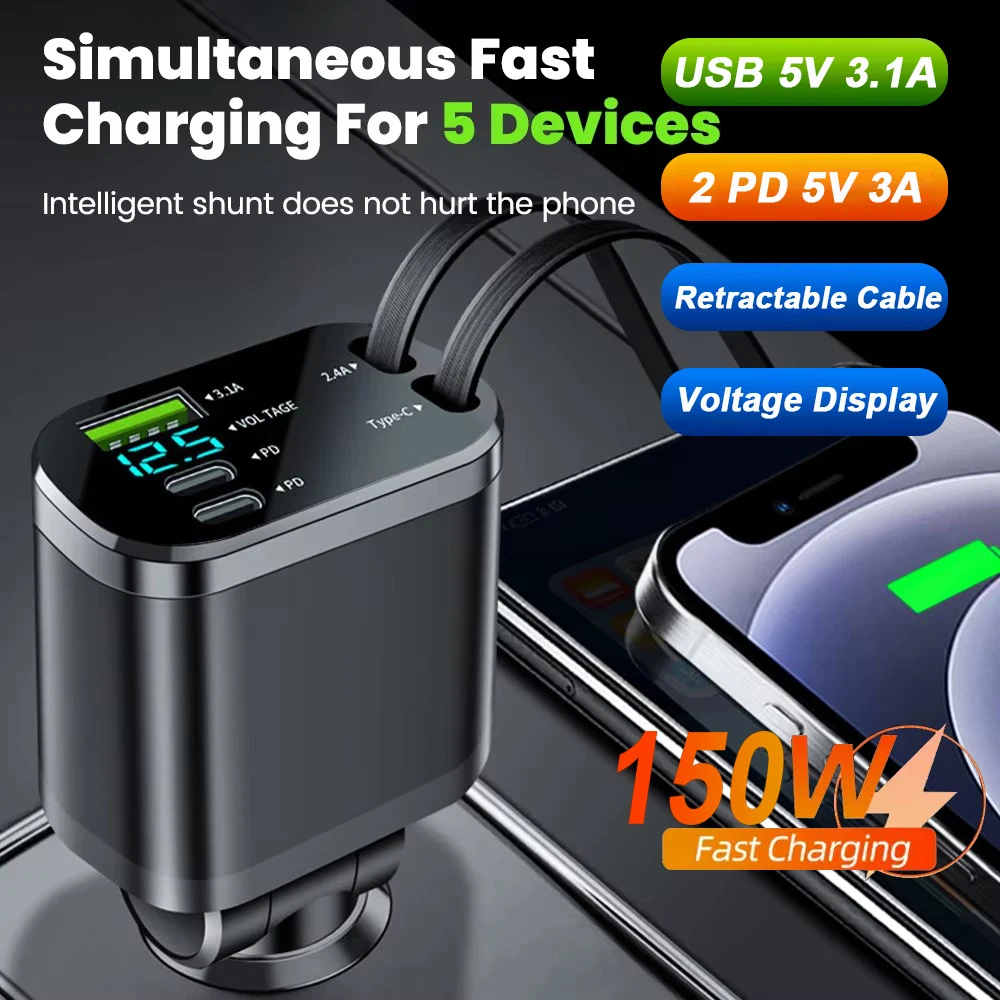 

5 IN 1 Retractable Car Charger USB Type C PD Retractable Cable For iPhone Samsung Fast Charging Car Charger Adapter Compatible