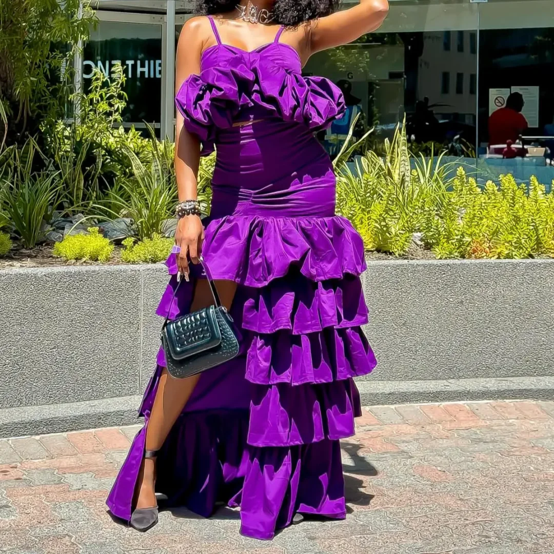 Elegant Short Top And Mermaid Layered Skirts Female High Street Dark Purple Women Maxi Dresses Customized