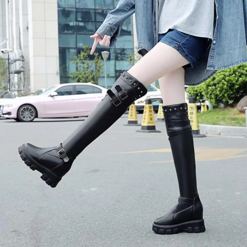 

Women's Petite Over the Knee High Boots 2025 Autumn Winter New Stretchy Soft Leather Motorcycle Round Toe Inner Thick Sole