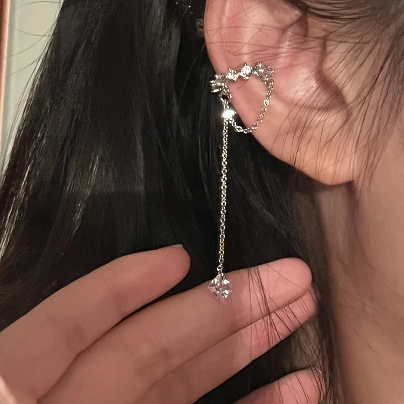 2025 Fashion Zircon Shining Long Tassel Ear Cuff No Piercing Earrings Female Trendy Design Ear Clip Earrings Party Jewelry