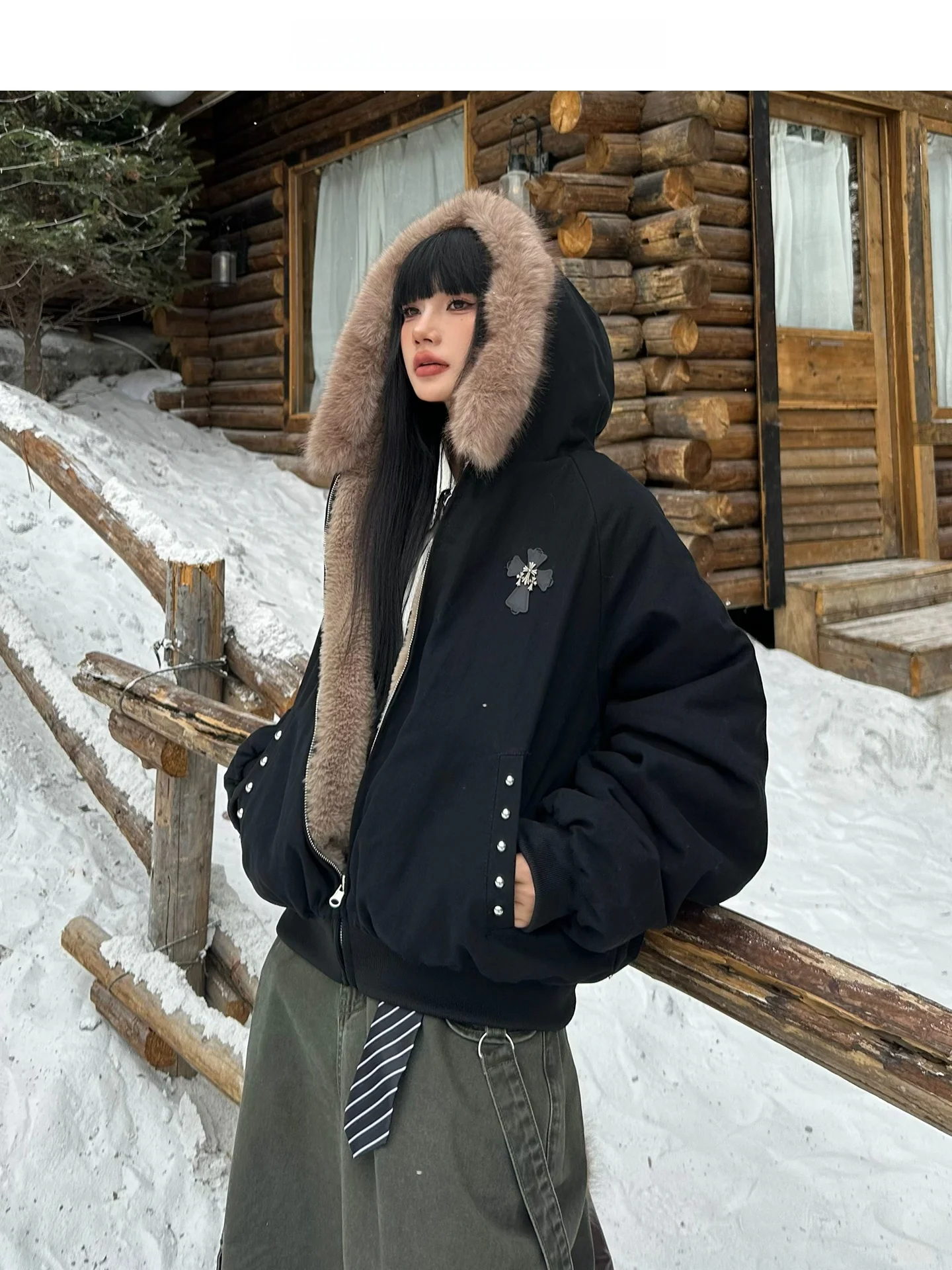 

Thiened Double-Sided Wearable Hooded Jaet with Fur Collar for Men And Women American Sle Warm Winter Coat by Free Center