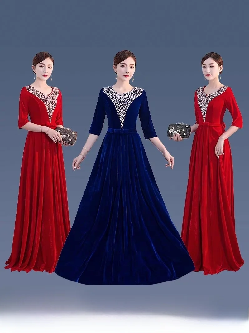 

Ele Wine Red Long Dr for Women Performance Costume Chorus Cetition Poem Recitation Adult Mid-aged And ly