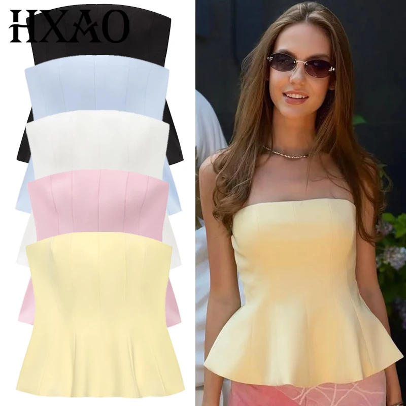 HXAO-Top de tubo con corsé para mujer, Top blanco, rosa, azul, amarillo y negro, corpiño, chalecos con volantes, camiseta sin mangas sin espalda, verano 2025