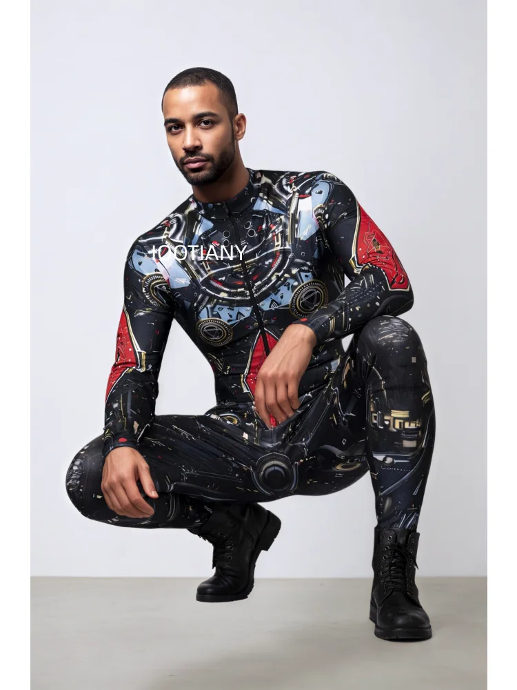 Herren Roboter-Skelett Mechanische Rüstung Bodysuit Hochhals Enger Jumpsuit Halloween Cosplay Futuristisches Party Bühnenkostüm Outfit – Detail 14