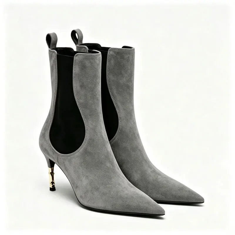 Women's New Knee High Boots with Pointed Kitten Heel and Stretch Fabric for Autumn and Winter Party Fashion, Mid Length Boots