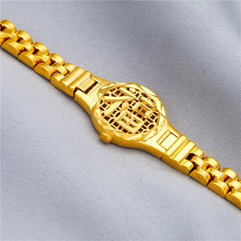 

Luxury 24K 9999 Pure Gold real gold Women's Fu Character Watch Chain Round Brand Fu Character Bracelet