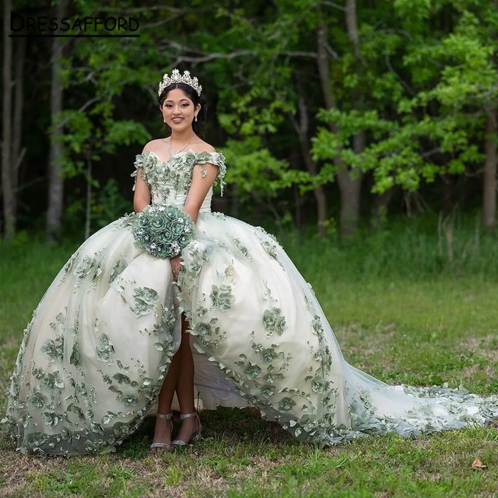 

Роскошные зеленые кружевные платья Quinceanera с открытыми плечами бальное платье 2023 кружевные аппликации милое платье 16 Вечерние платья на шнуровке