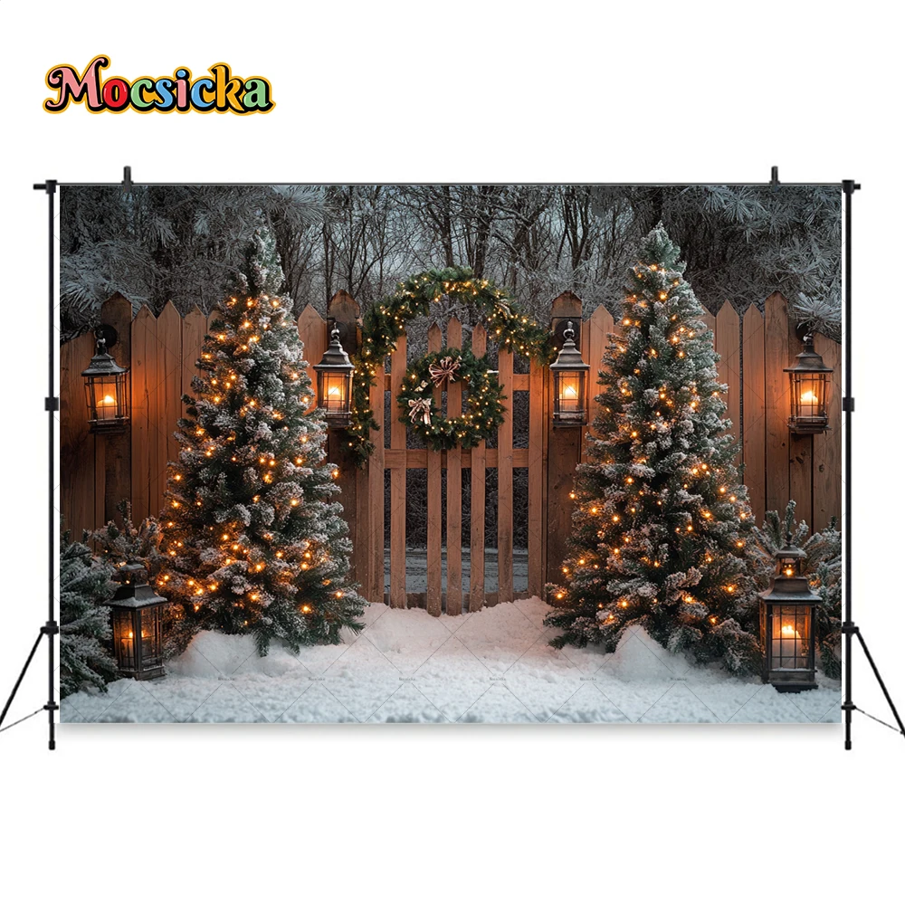 Christmas Tree Night Background Photography Rustic Wooden Fence Xmas Tree Lantern Backdrop Winter Kids Snowy Scene Photo Studio